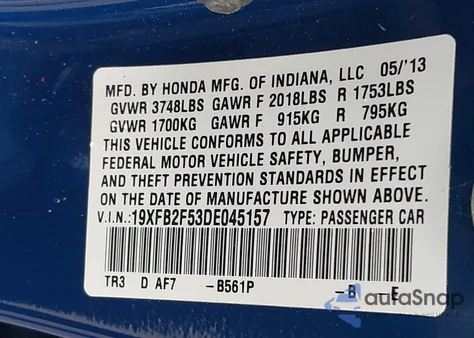 2013 Honda Civic Lx from USA, damaged, VIN 19XFB2F53DE045157